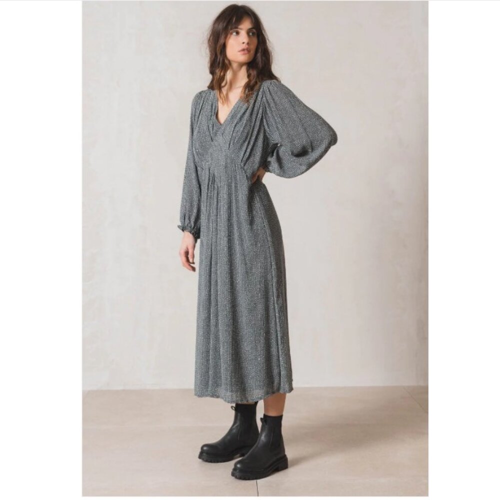 Indi & Cold Long Dahlia Printed Midi Dress in Teal